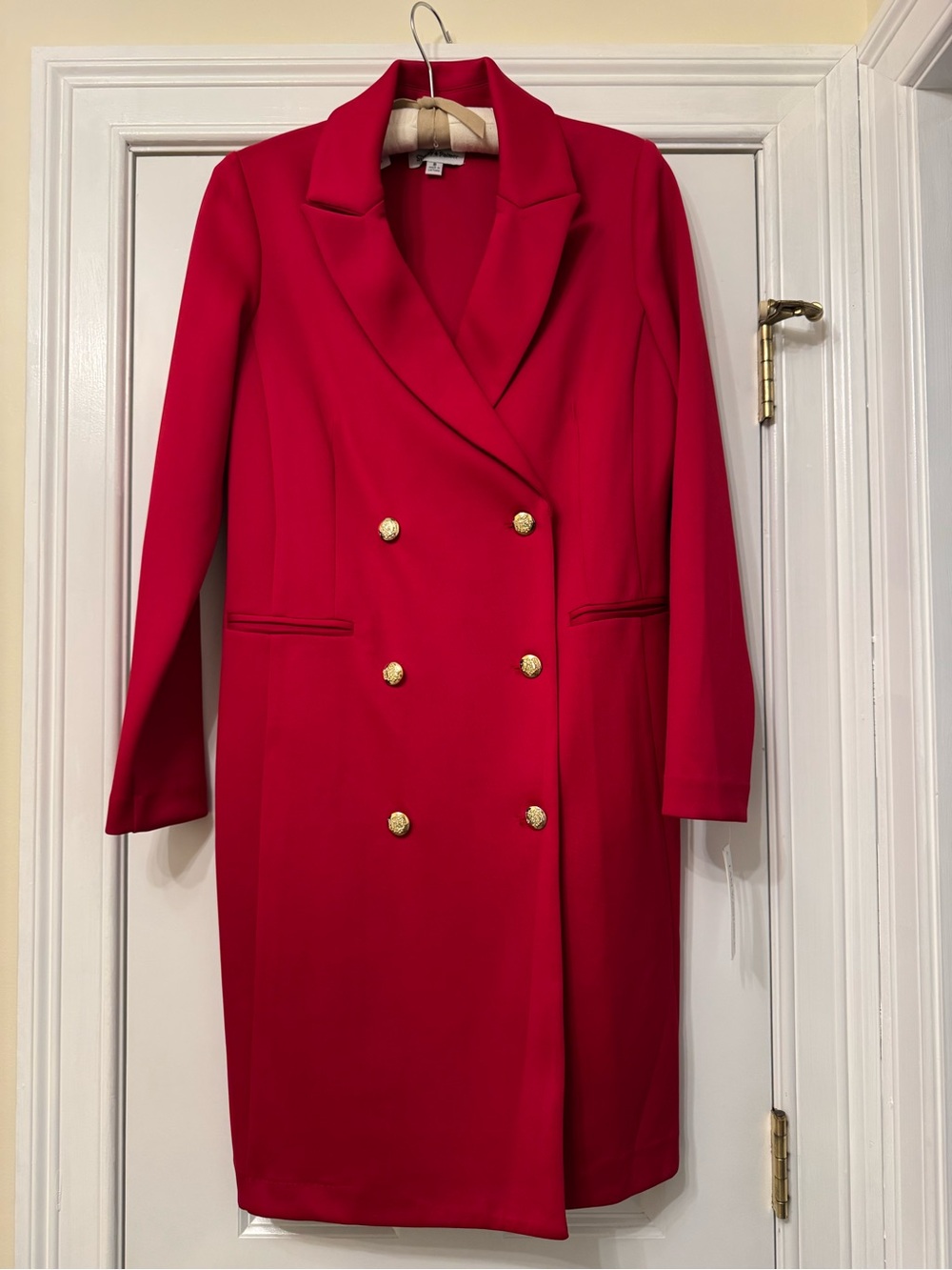 Shelby & Palmer Crimson Double-Breasted Midi Dress with Gold Crested Buttons.